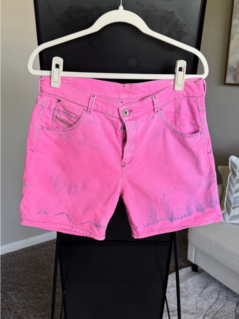 Diesel Bright Pink Denim Shorts with Washed Detail